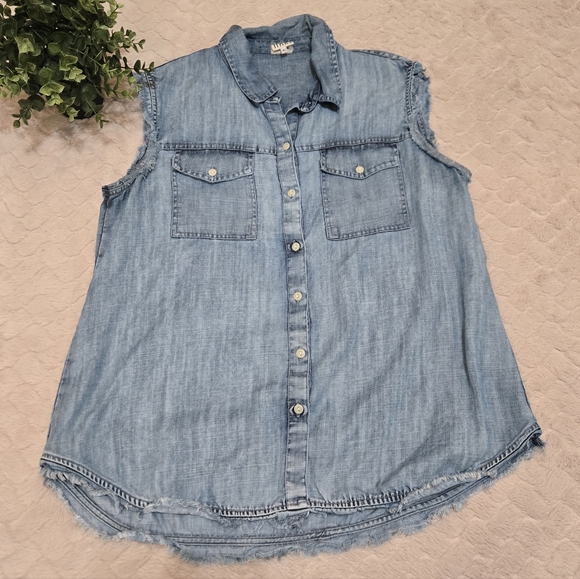 Sister Mary Tops - Sister Mary Blue Tencel Frayed Sleeveless Button-Up Blouse, Size Large